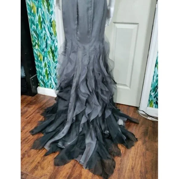 Luxury Whymisy Goth Rocker Glam Festival Mermaid Ruffle Long Gown Gray Womens S - Picture 6 of 14